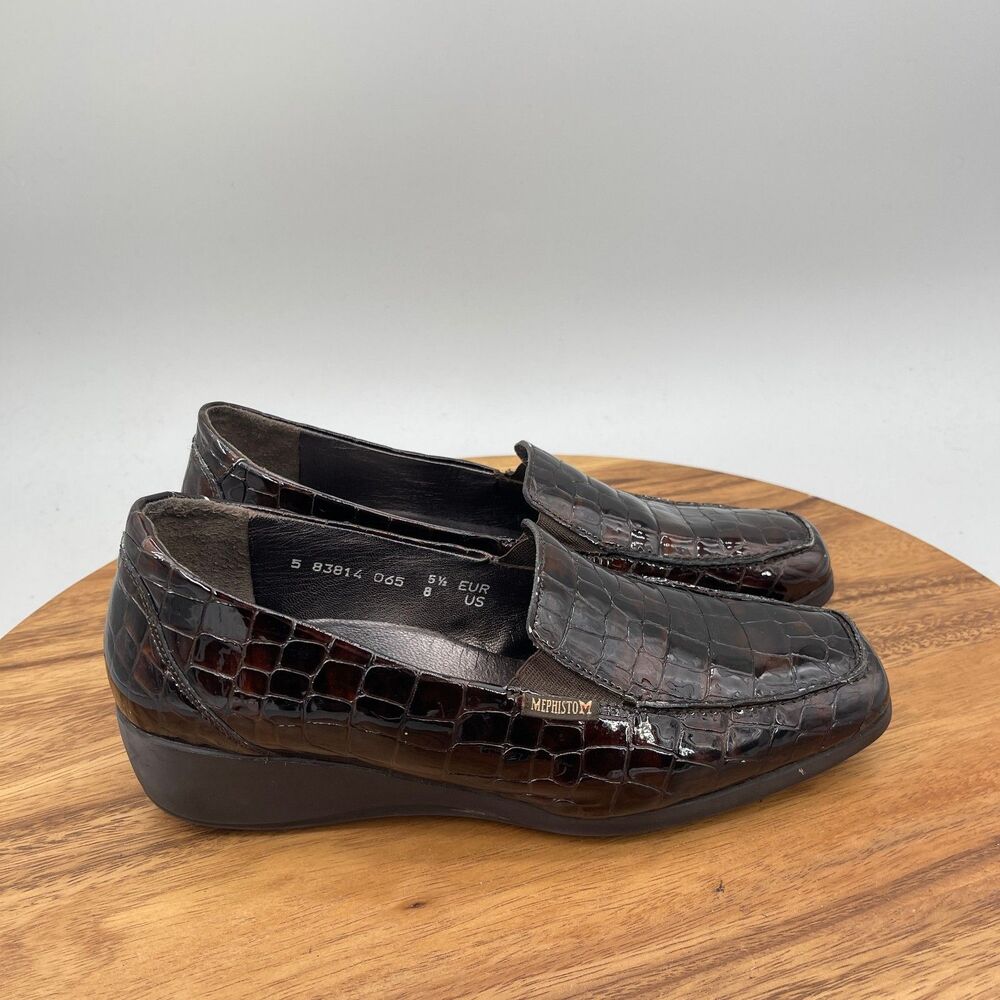 Mephisto Air-Jet Loafers Womens 8 Brown Patent Croc-Print Leather Dress Wedge